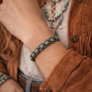 Vintage Sterling Silver Turquoise Cluster Cuff Bracelet 6.5 - 7
